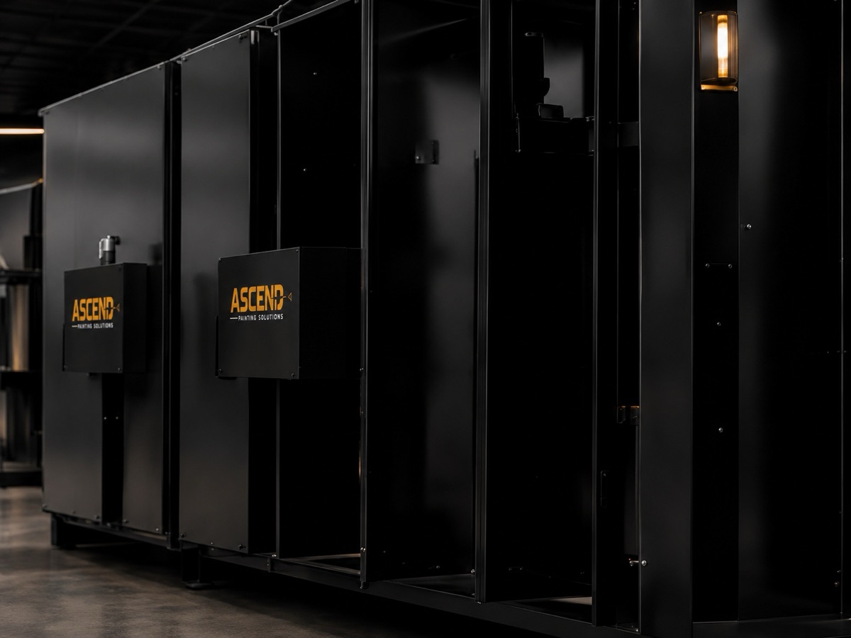 Powder-coated equipment enclosures curing in the Ascend finishing bay