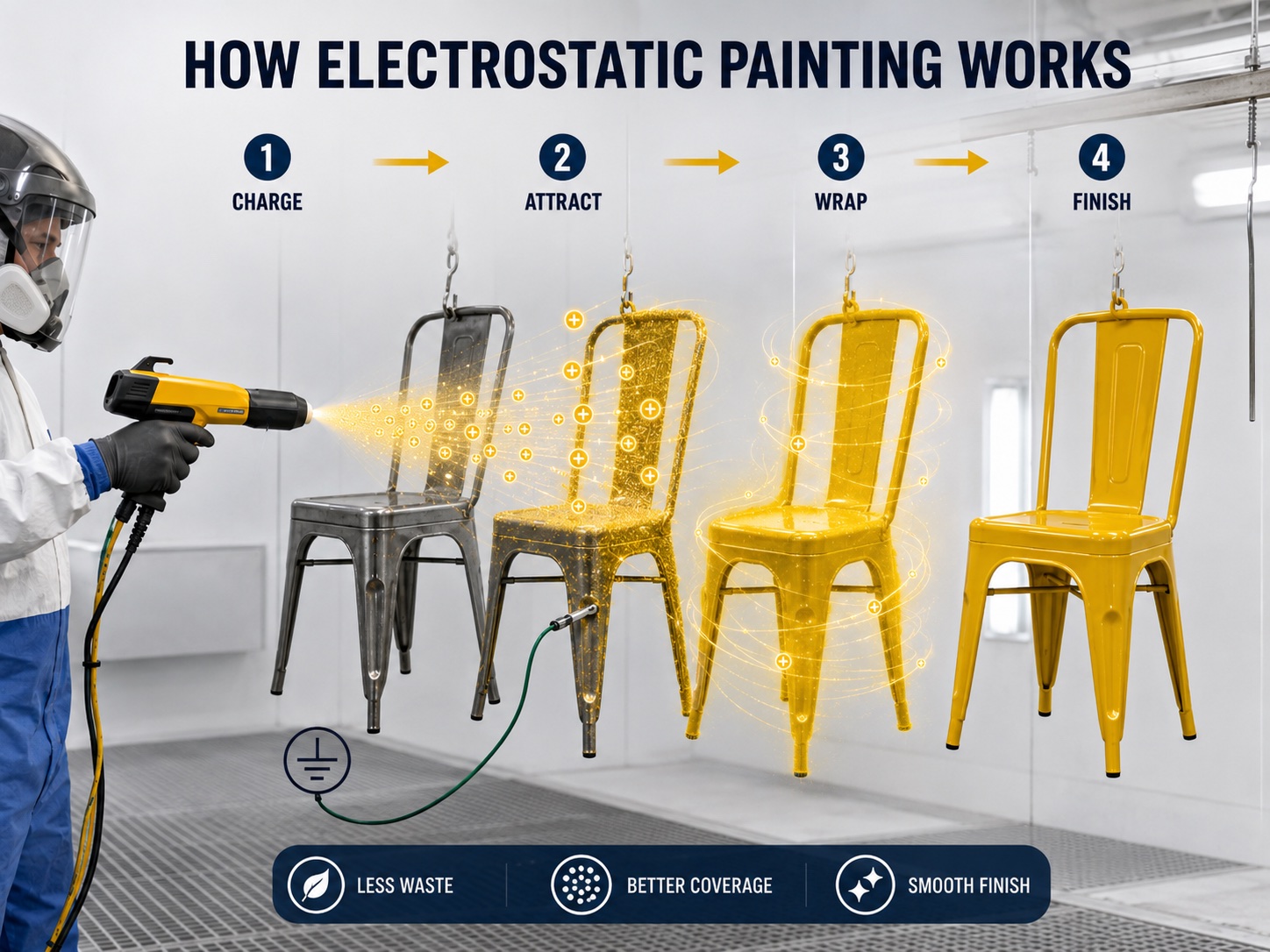 How electrostatic painting works, in four stages: 1. Charge — the gun gives the atomised paint a positive charge. 2. Attract — the grounded metal chair pulls the charged particles toward it. 3. Wrap — the cloud curves around the frame and coats the sides and back. 4. Finish — an even, fully covered coating. Benefits shown: less waste, better coverage, smooth finish.